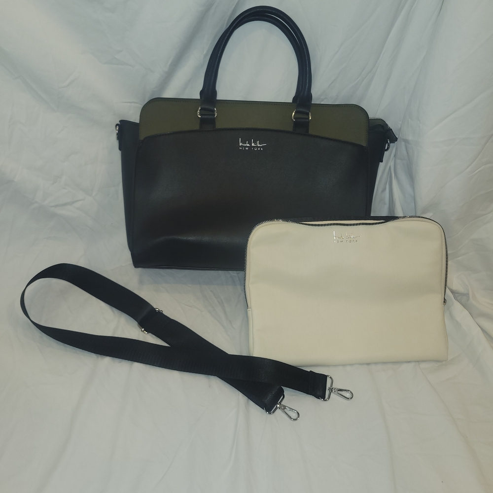 Nicole Miller Black and Olive Laptop Bag with Cream Pouch
